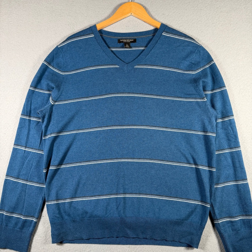 Banana Republic Mens Silk Cotton Cashmere V-Neck Striped Sweater Blue Large